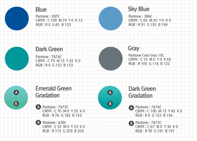 Main Color: blue, skyblue, dark freen, gray, emerald freen gradation, dark green gradation